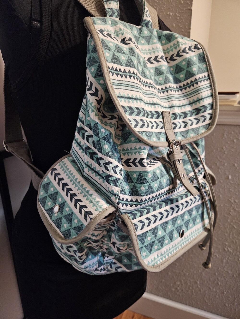 Mint Geometric Canvas Drawstring Backpack - Unbranded - Picture 2 of 8